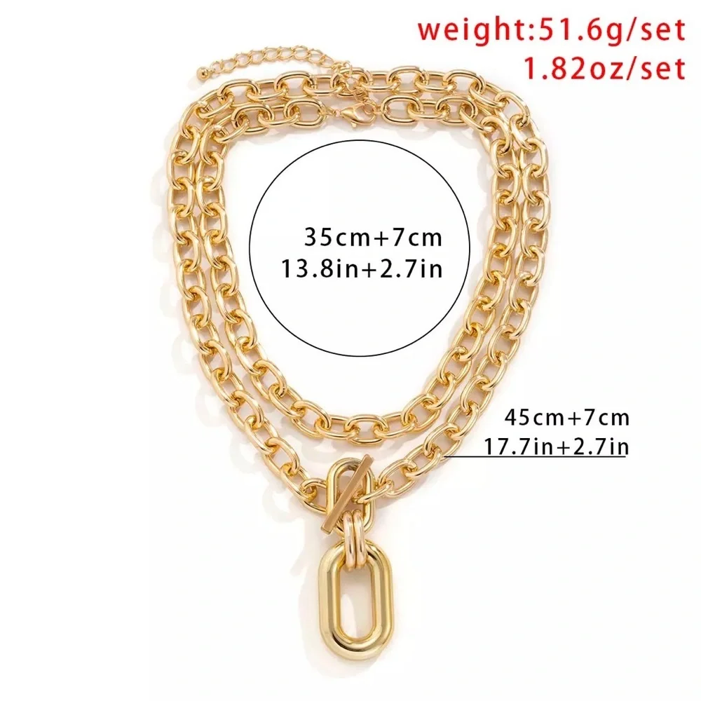 2pcs Zara Set Gold Double Interlock Oval Circle Link Chain Necklace